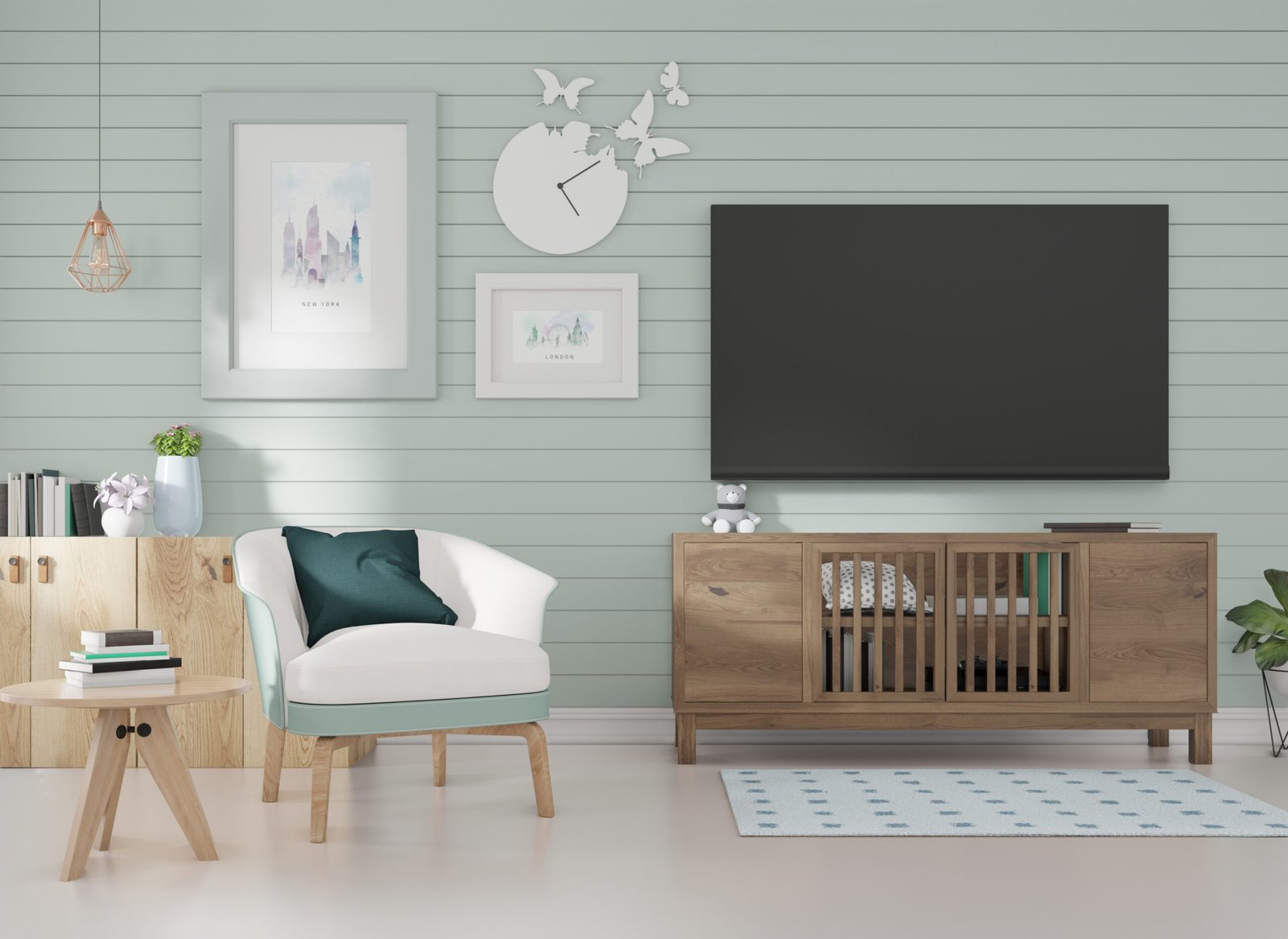 interior-mockup-room-with-blue-slats-wall-picture-frame-blue-armchair-is-posit